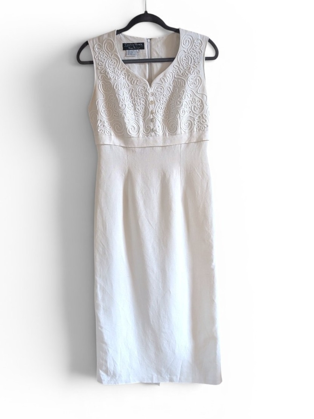 Vintage Cynthia Howie For Maggie Botique Cream Linen Blend Sheath Midi Dress